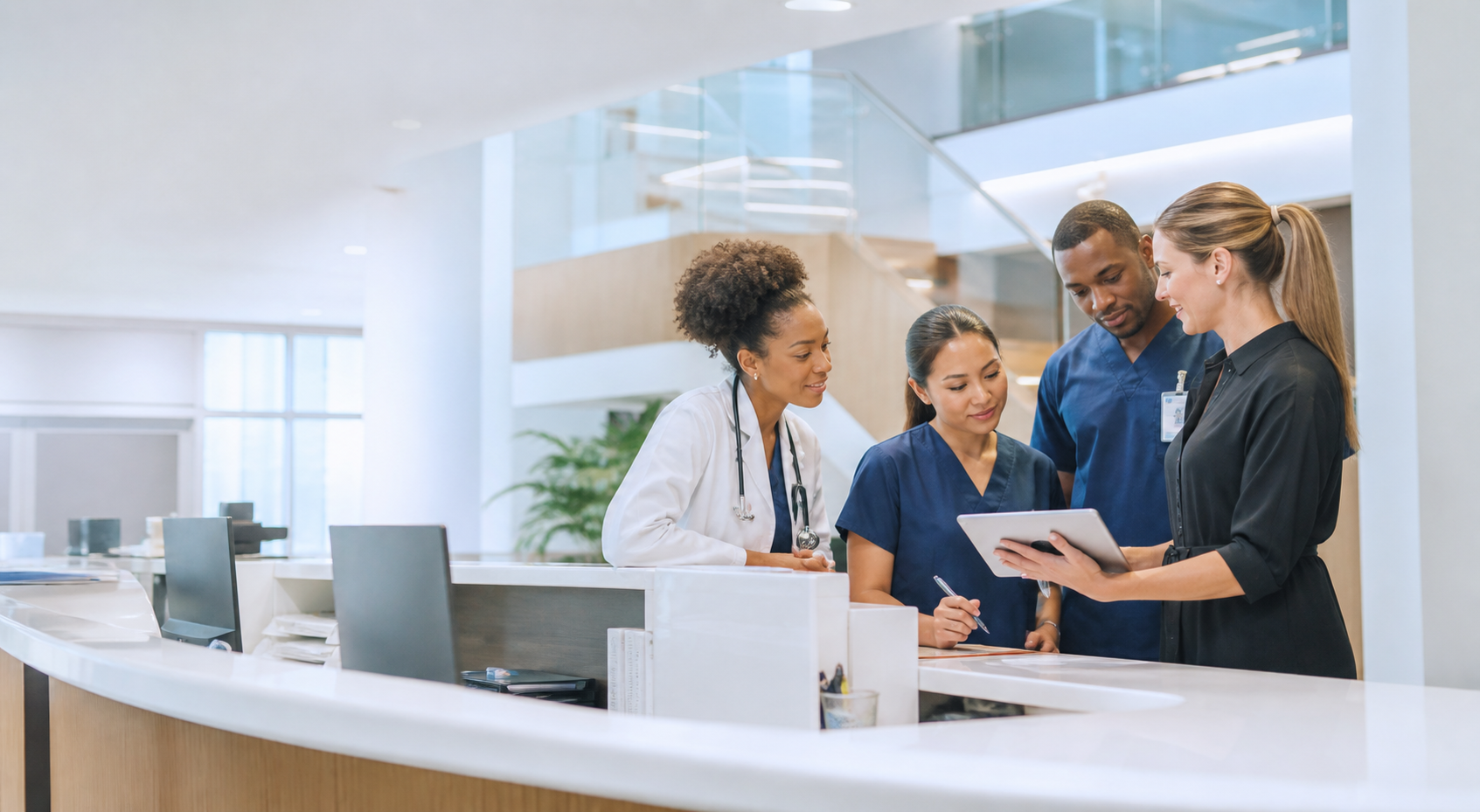 Hospital operations team gathered at a reception desk